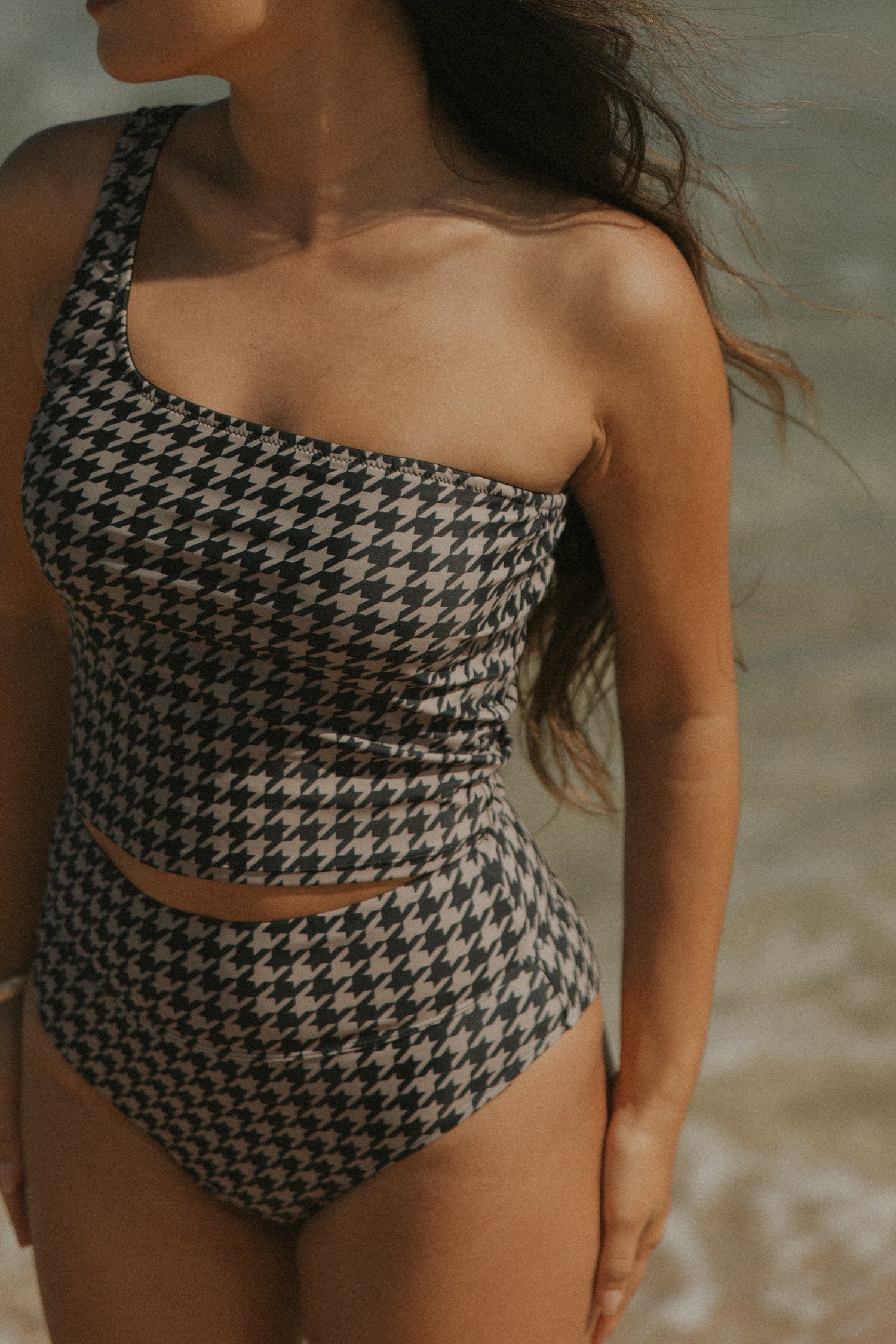 Neutral Houndstooth One Shoulder Swimsuit