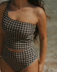 Neutral Houndstooth One Shoulder Swimsuit