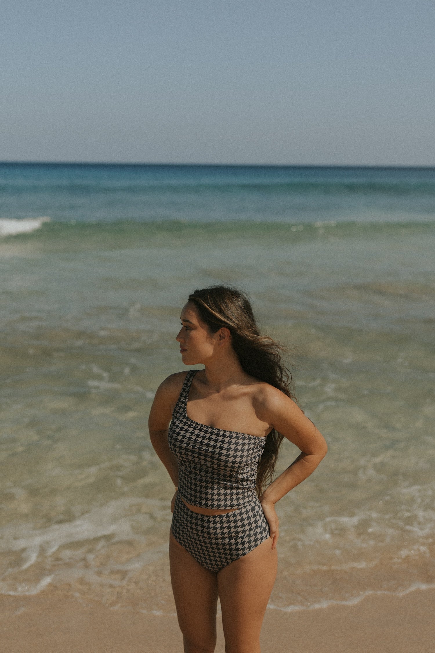 Cute One Shoulder Houndstooth Tankini Top
