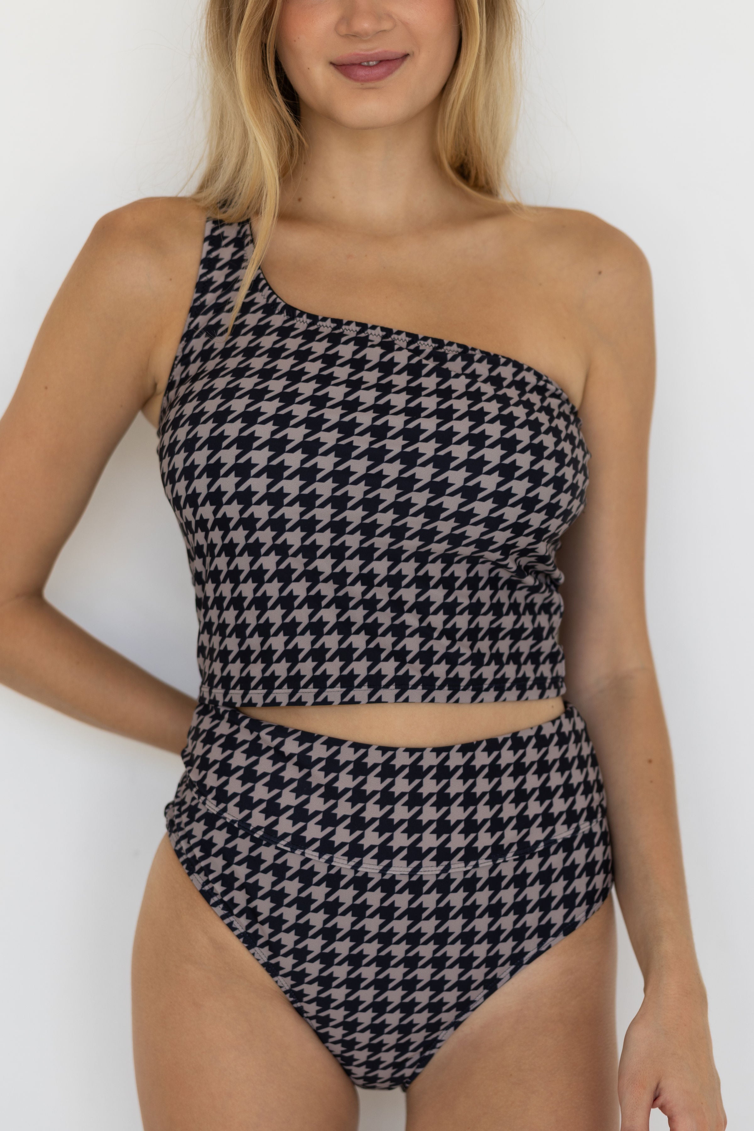 Bristol Tankini Top | One Shoulder Houndstooth Straight Neck Swim Top