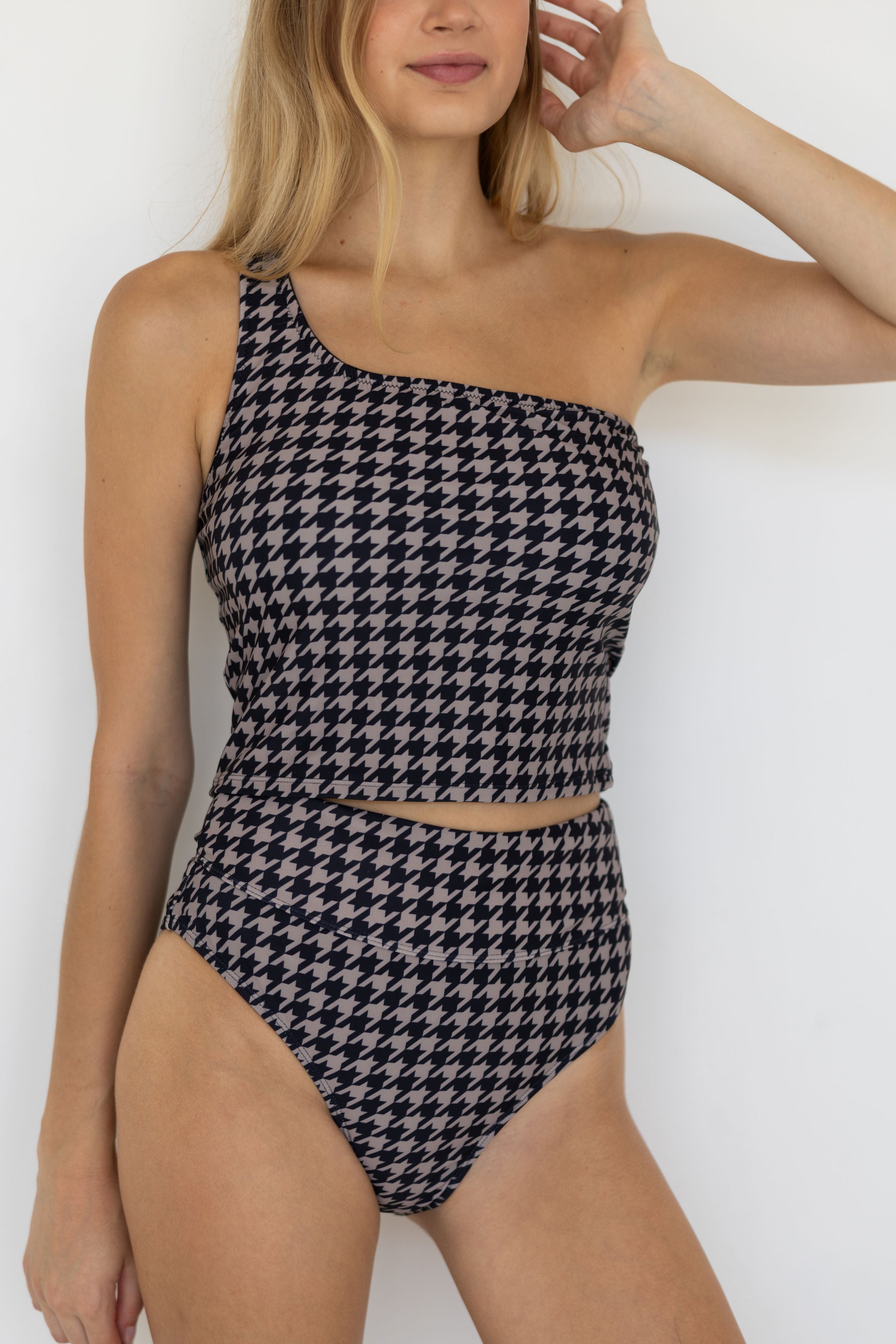 Bristol Tankini Top | One Shoulder Houndstooth Straight Neck Swim Top