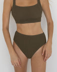 Cabo High Waisted Bottoms | Brown Crinkle Textured Swim Bottoms