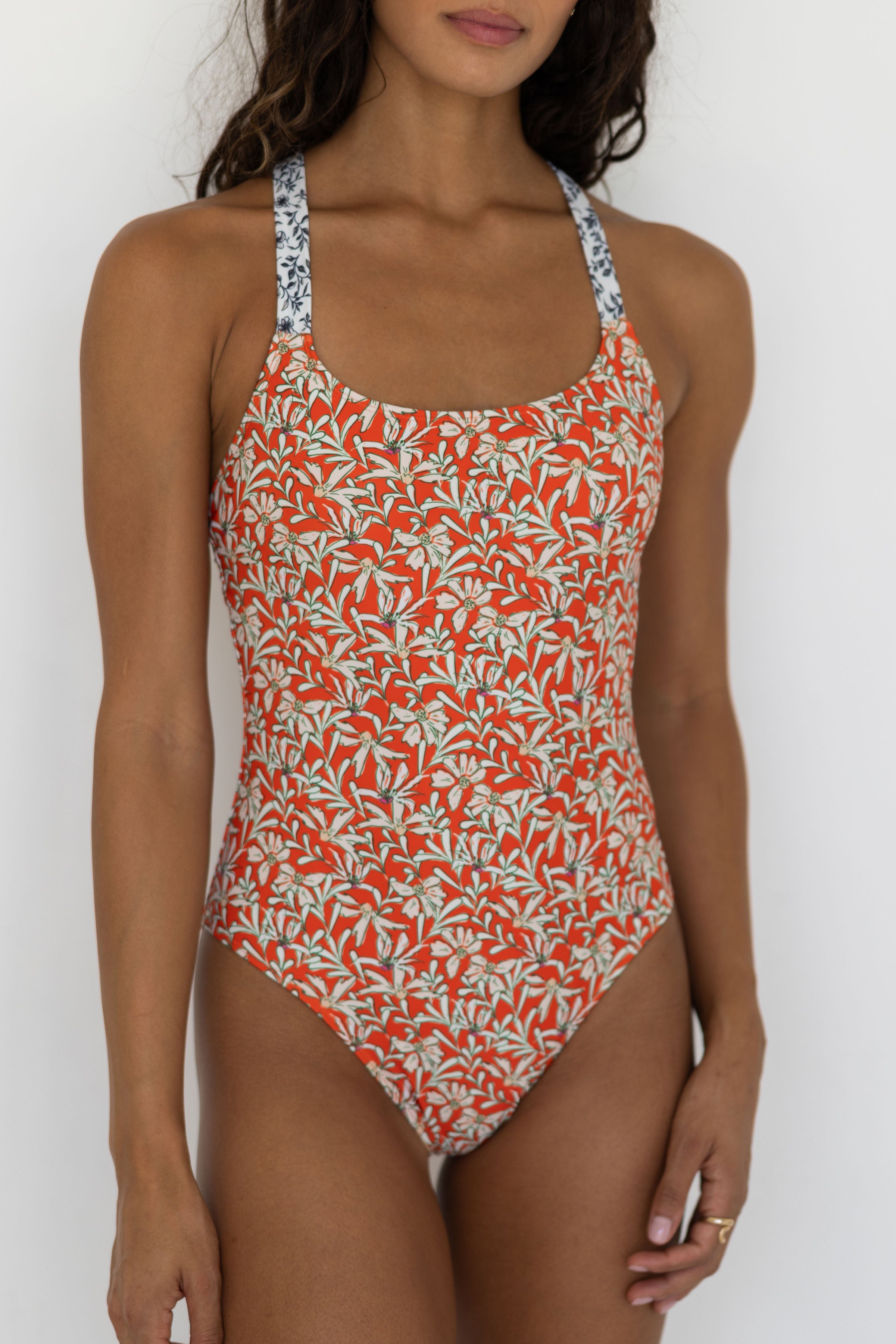 Calypso One Piece Swimsuit | Halter Neck Open Back Floral One Piece