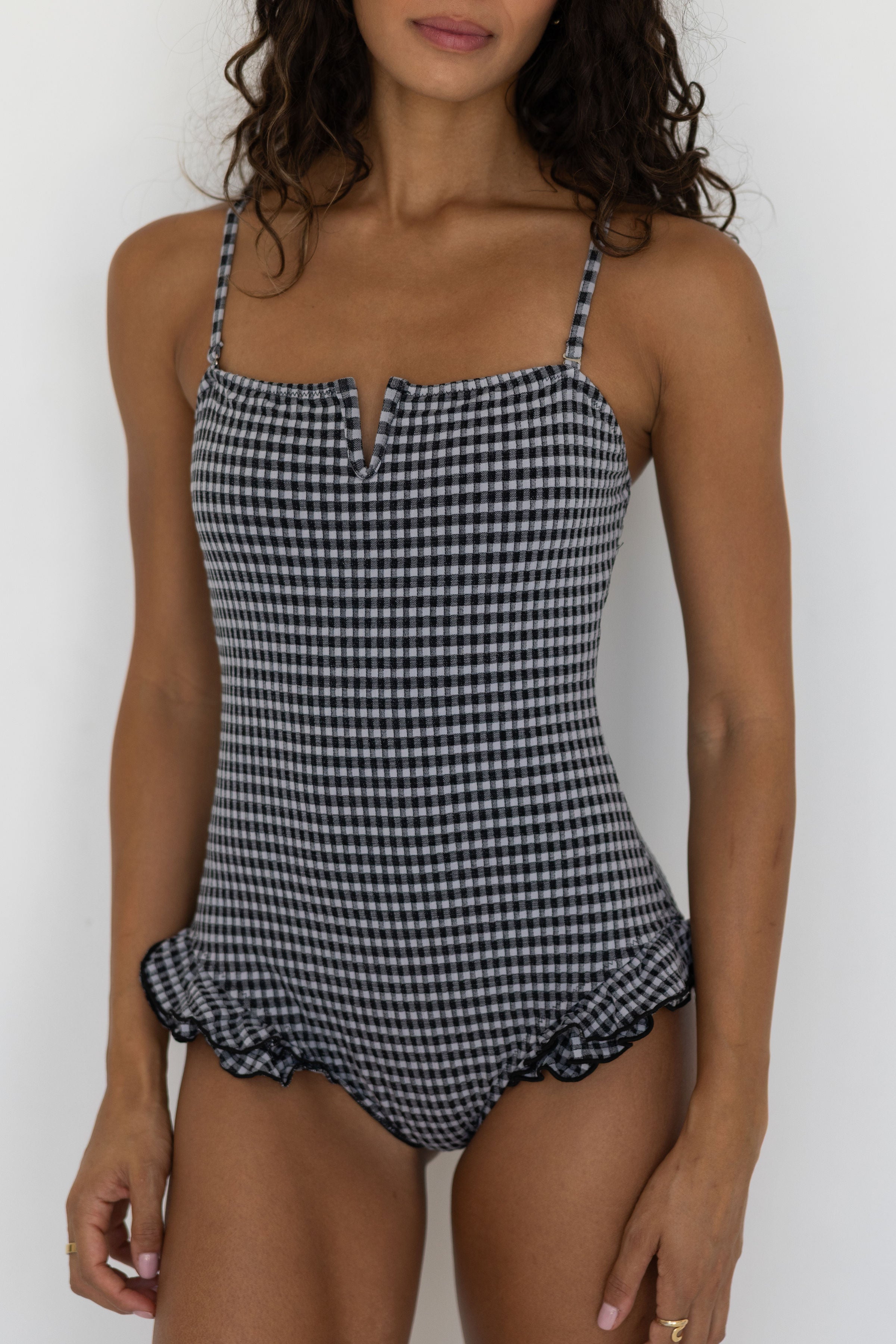 Caroline One Piece | Gingham Ruffle Swimsuit with Notch Neck