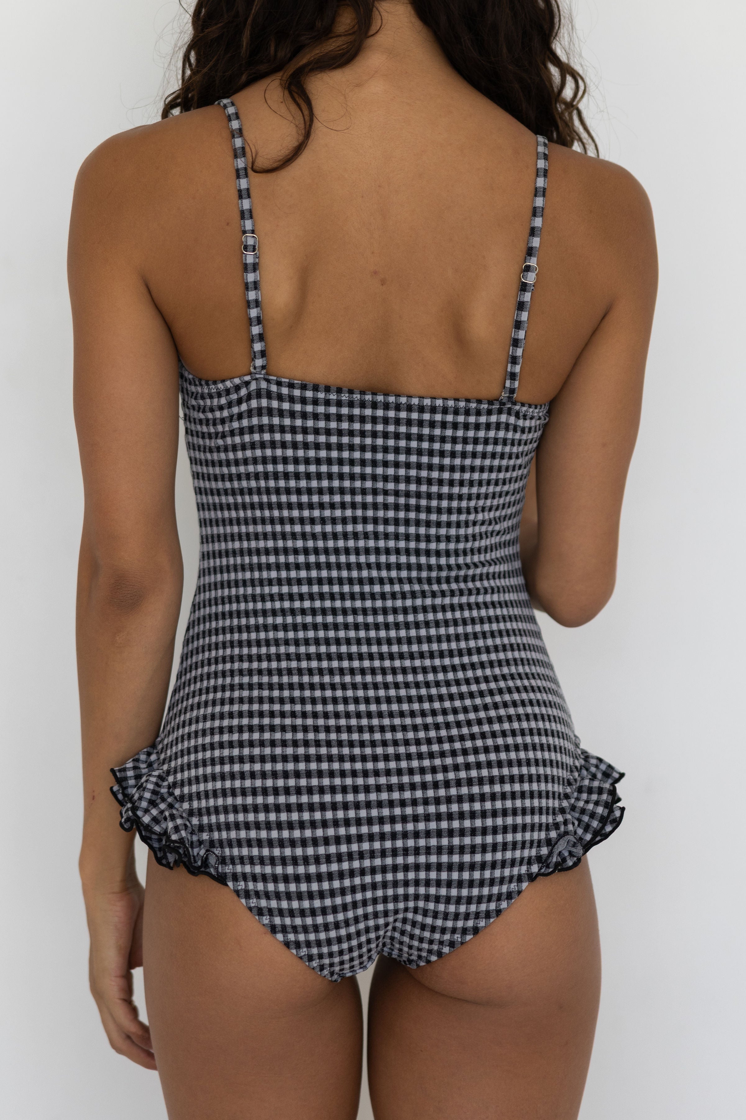Caroline One Piece | Gingham Ruffle Swimsuit with Notch Neck