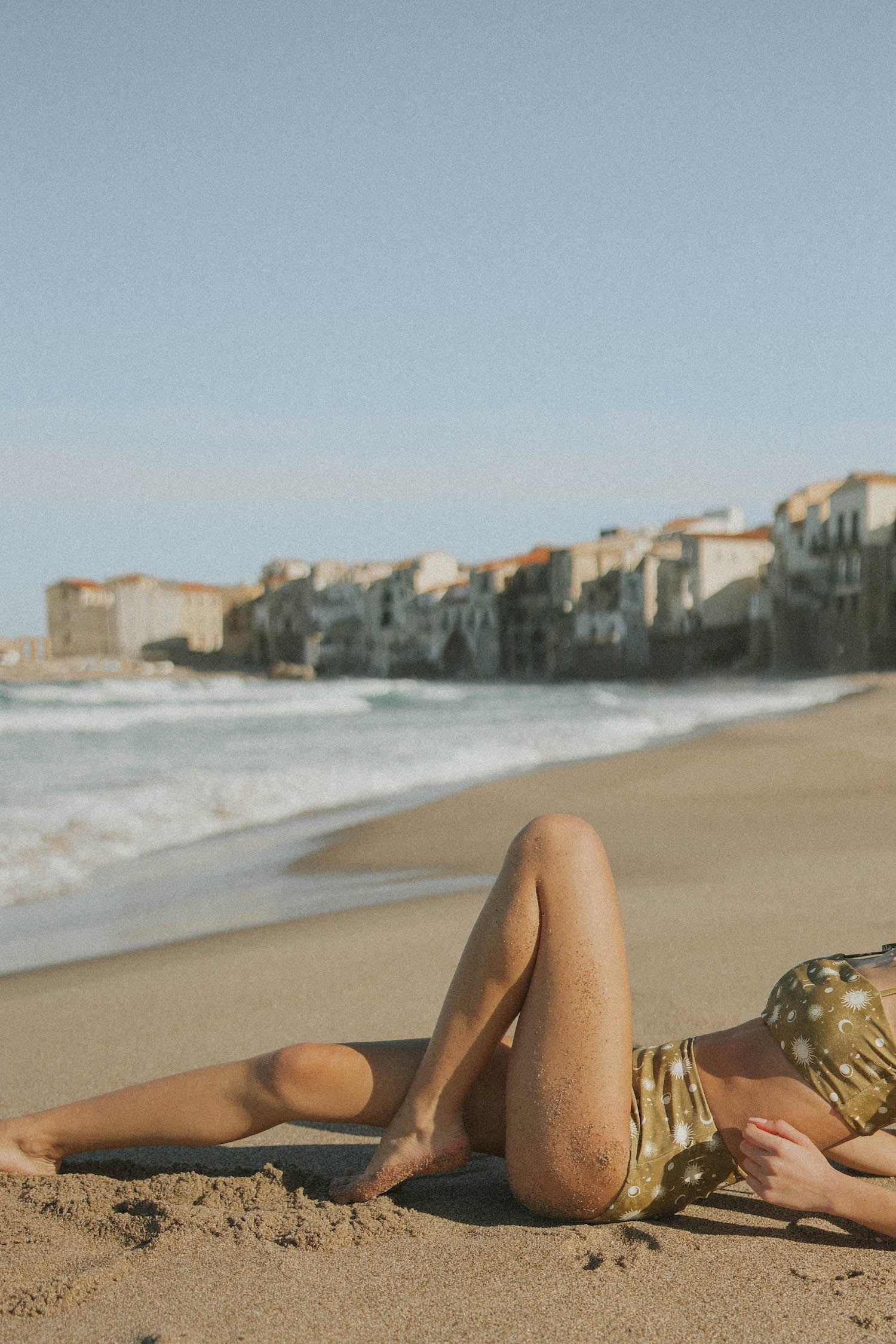 Sun and moon print olive colored full coverage bikini bottoms