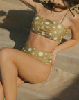 Olive green sun and moon print modest bikini top