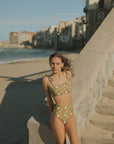 Olive green sun and moon print full coverage bikini top and matching bottoms