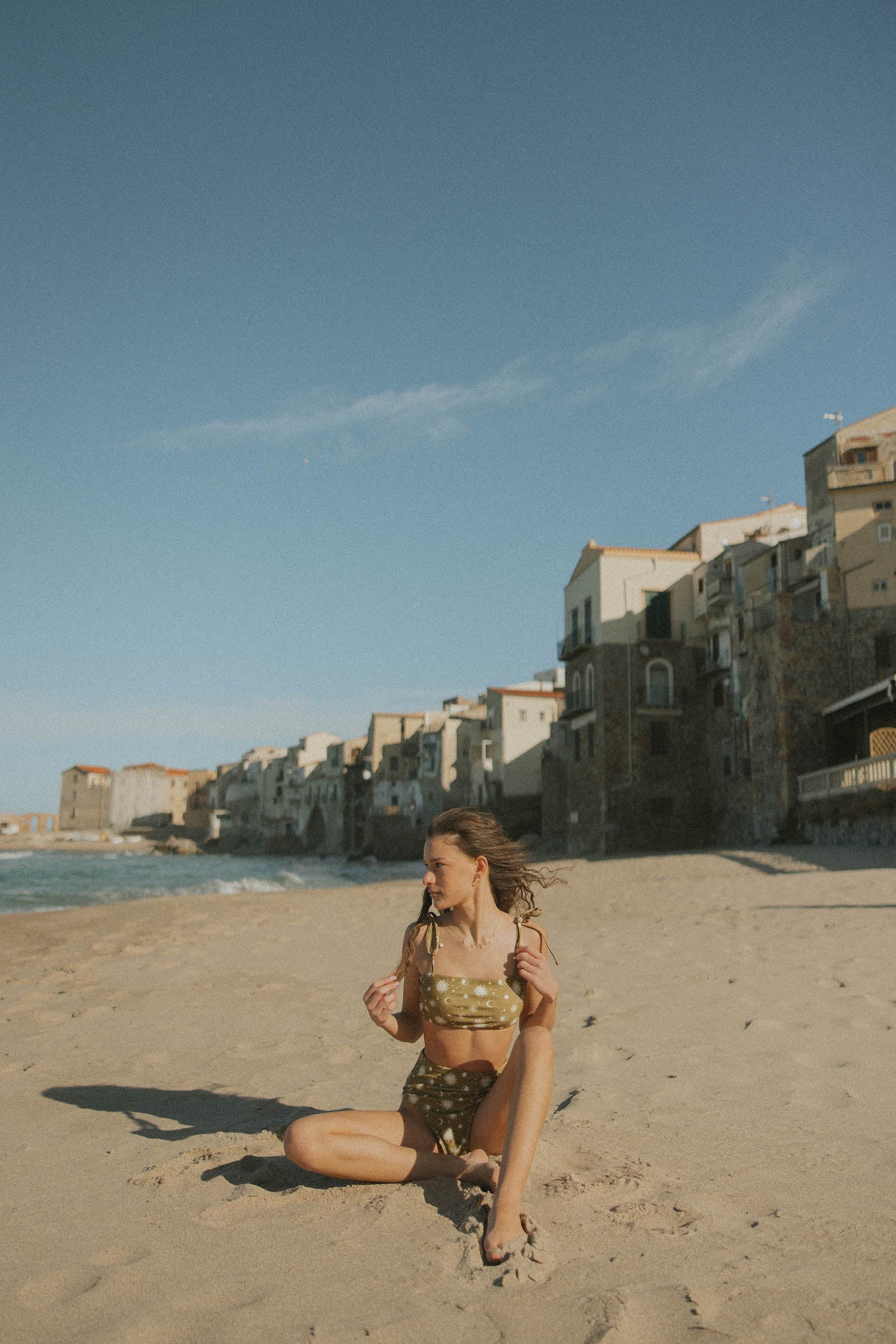 Sun and moon print olive green bikini top with tying straps