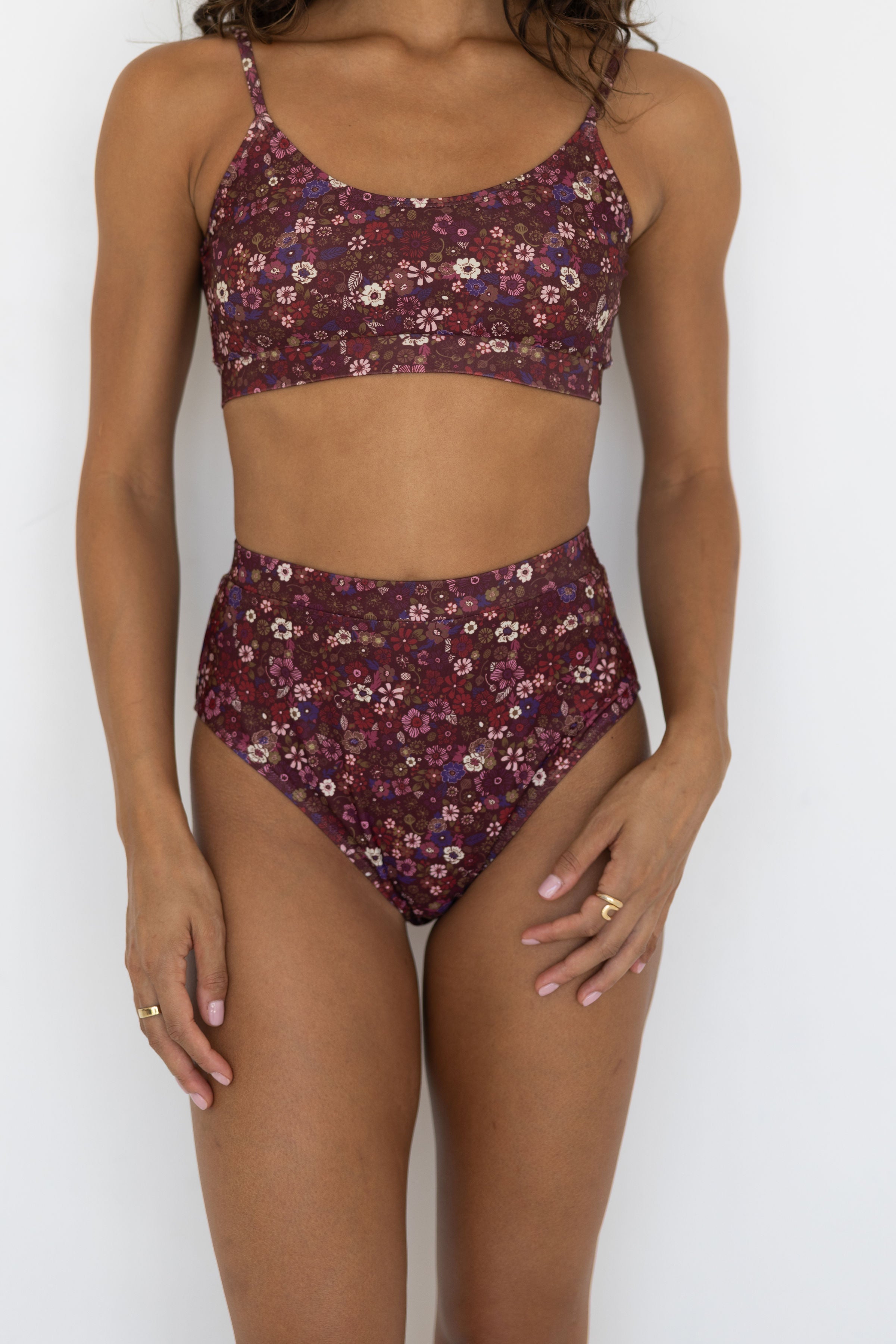 Charlotte High Waisted Bottoms | Maroon Ditsy Floral Swim Bottoms