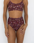 Charlotte High Waisted Bottoms | Maroon Ditsy Floral Swim Bottoms