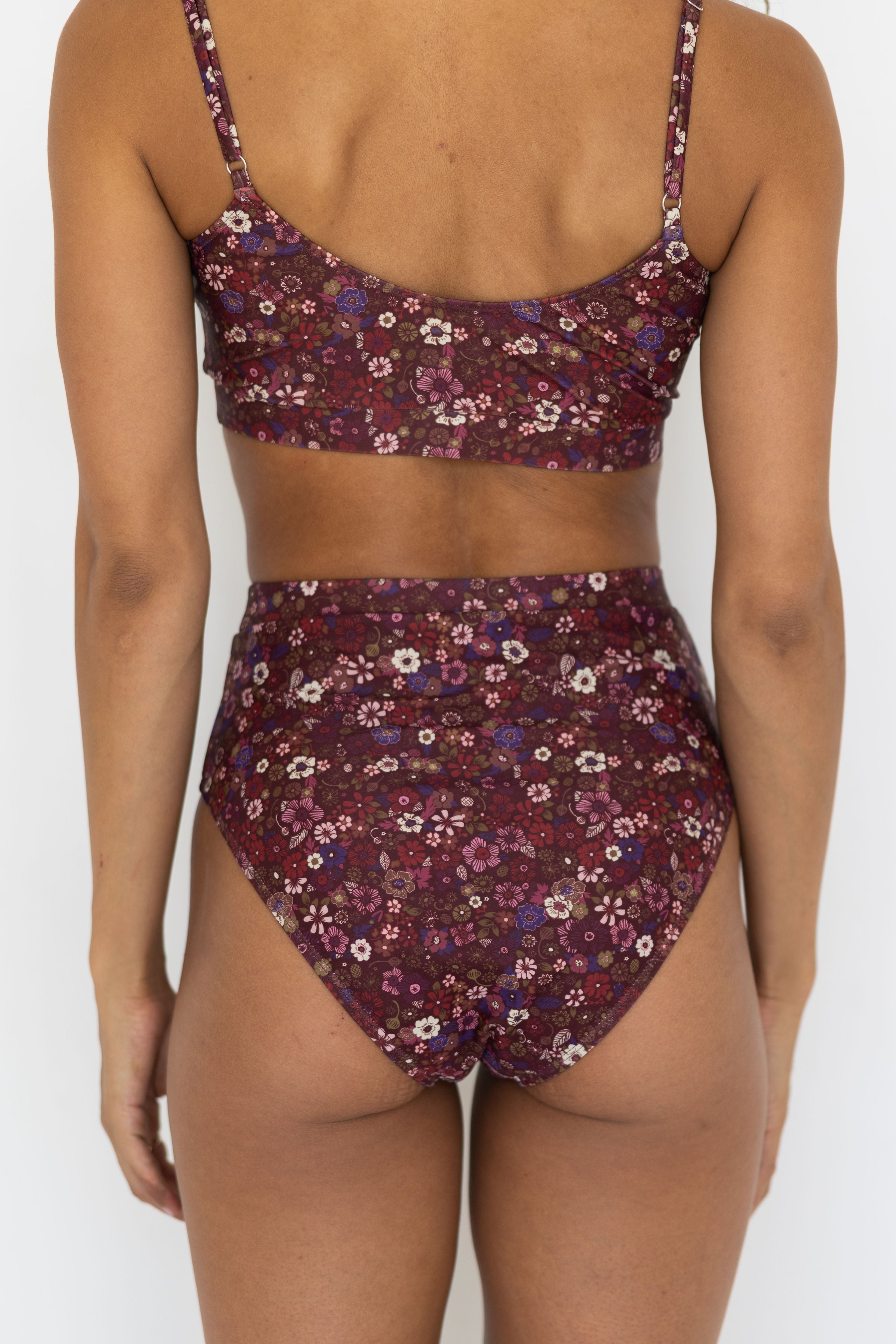 Charlotte High Waisted Bottoms | Maroon Ditsy Floral Swim Bottoms