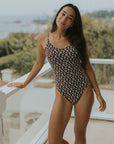 Chloe One Piece Swimsuit | Scoop Neck Brown Floral Modest One Piece
