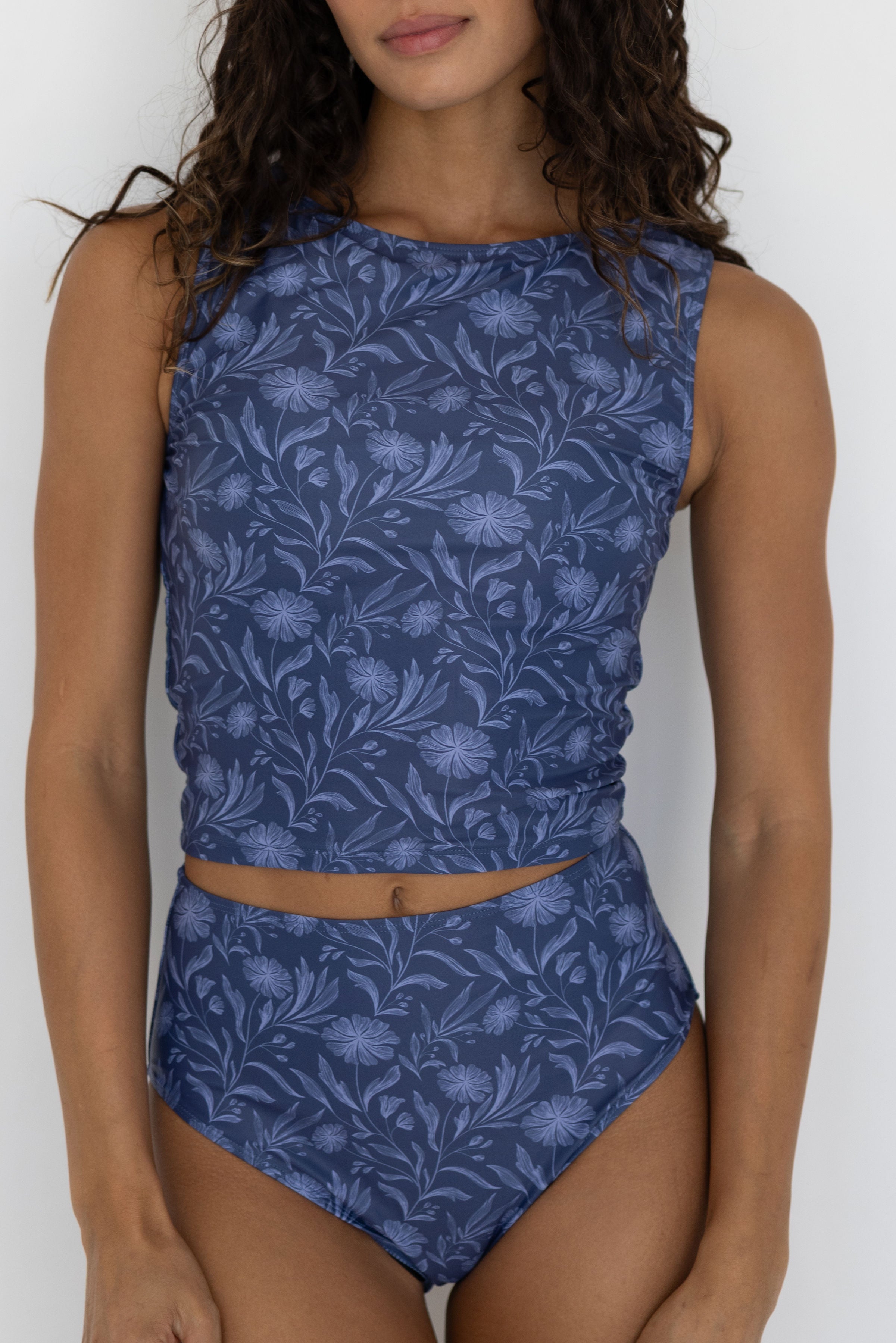 Cobalt Top | Blue High Neck Floral Full Coverage Tankini Top