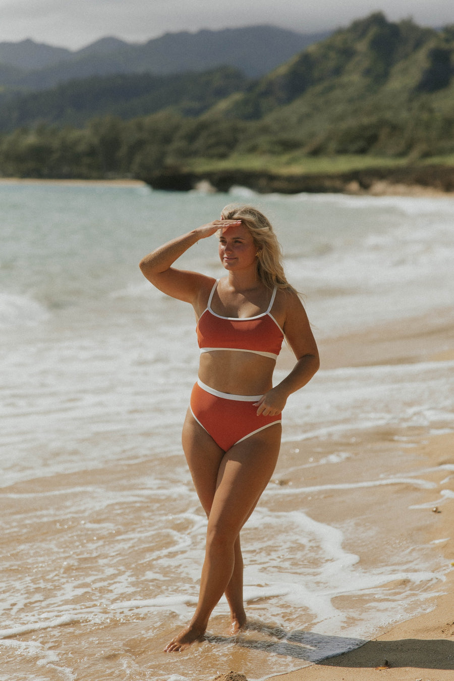 Modest Cute Athletic Longline Coral Bikini with White Trim