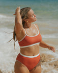 Full Coverage High Waisted Textured Coral Bikini Bottoms with White Trim