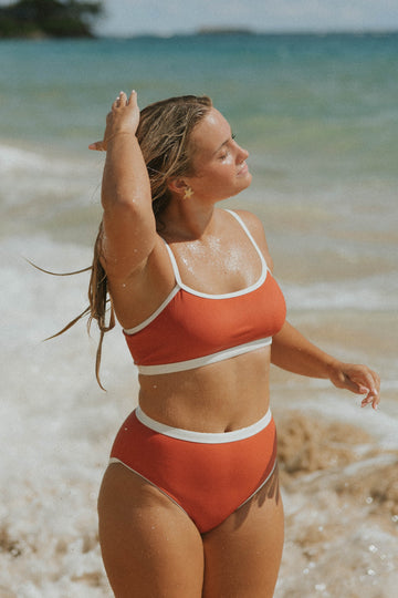 Full Coverage High Waisted Textured Coral Bikini Bottoms with White Trim