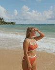 Coral Pink Textured Bikini Top with White Trim