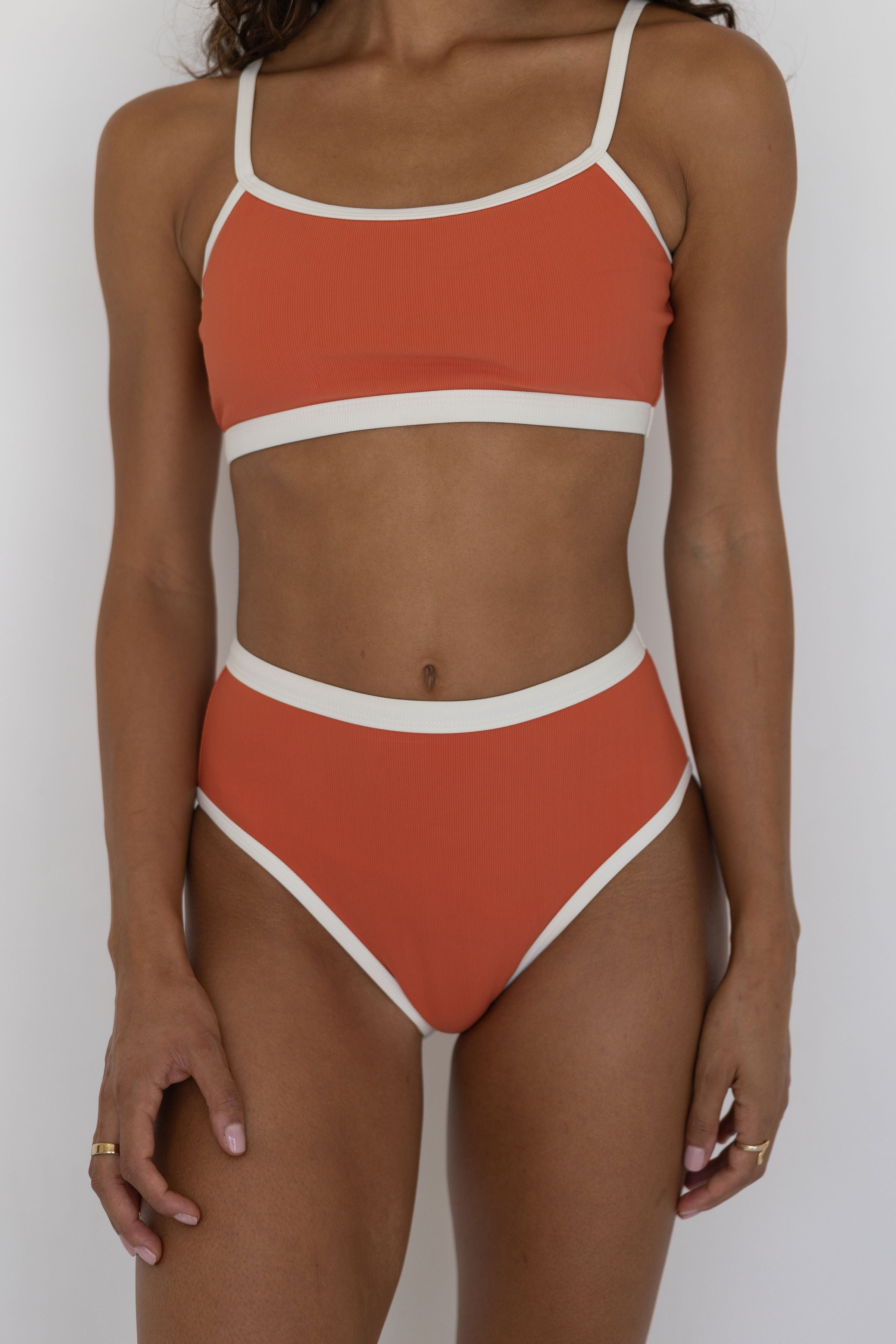 Coral High Waisted Bottoms | Ribbed Swim Bottoms with White Trim