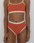 Coral High Waisted Bottoms | Ribbed Swim Bottoms with White Trim