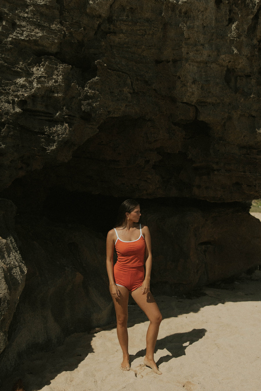 Coral Pink Athletic Longline Bikini Top with White Trim