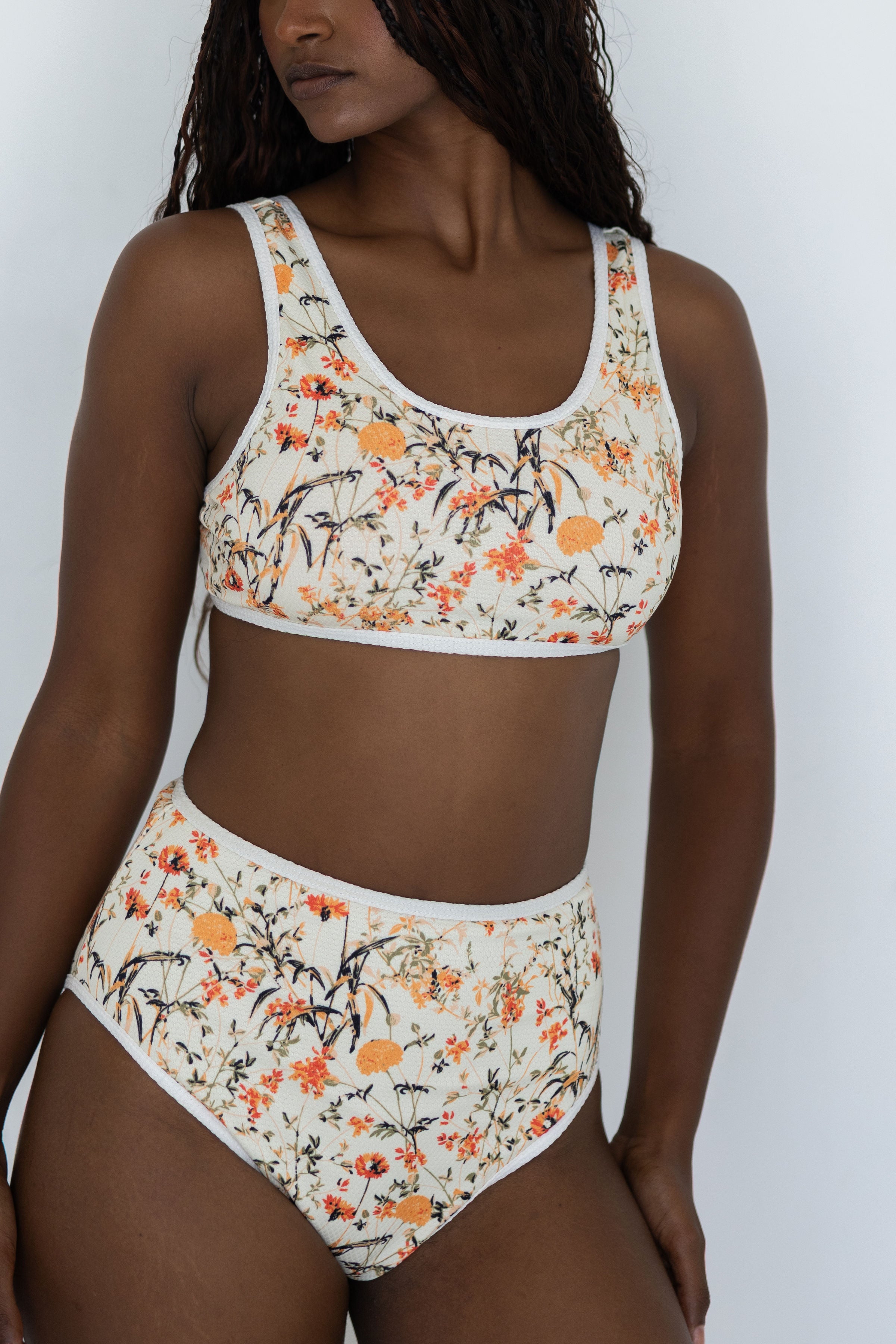 Costa Bikini Top | Wildflower Print Swim Top with White Trim