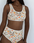 Costa Bikini Top | Wildflower Print Swim Top with White Trim