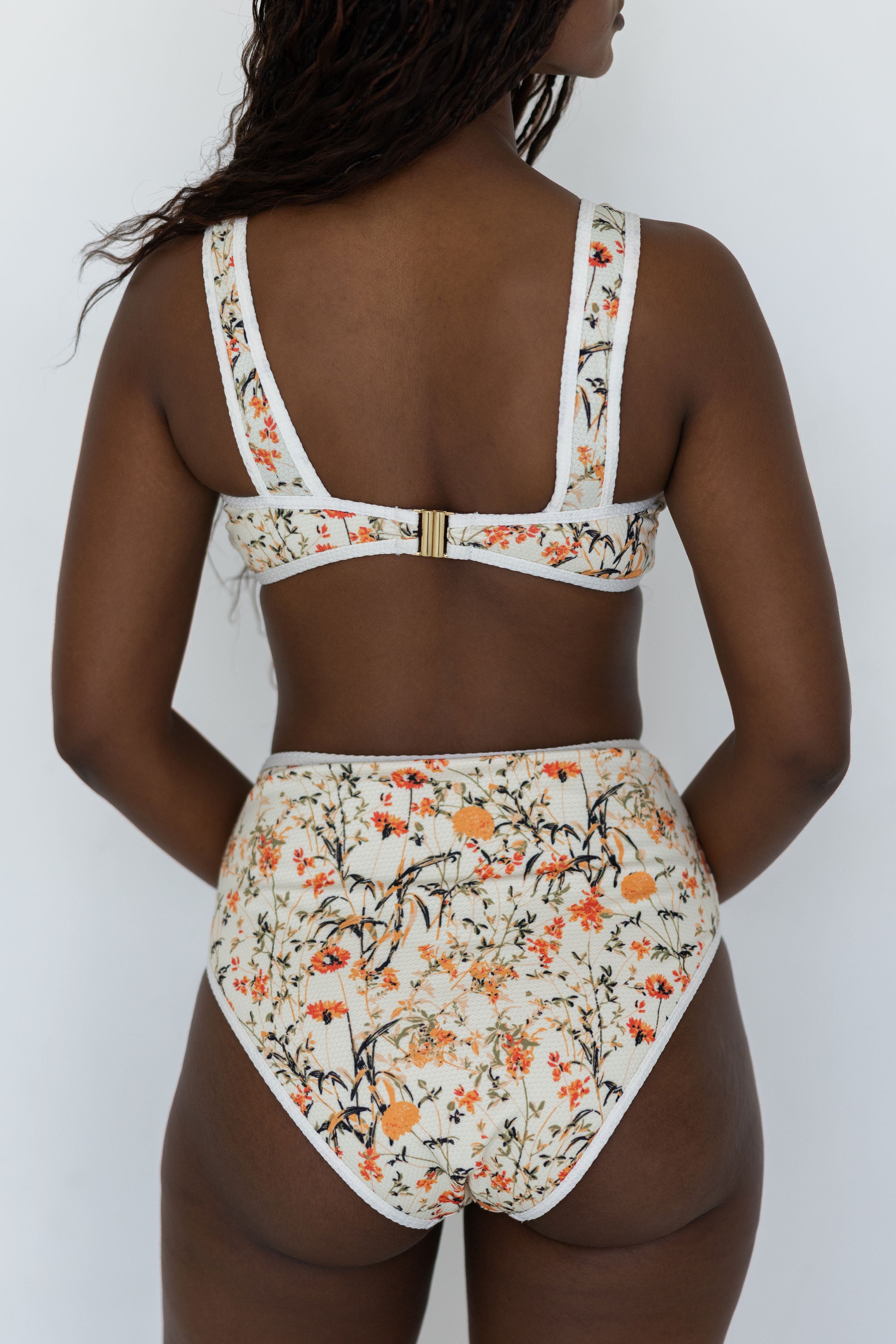 Costa Bikini Top | Wildflower Print Swim Top with White Trim