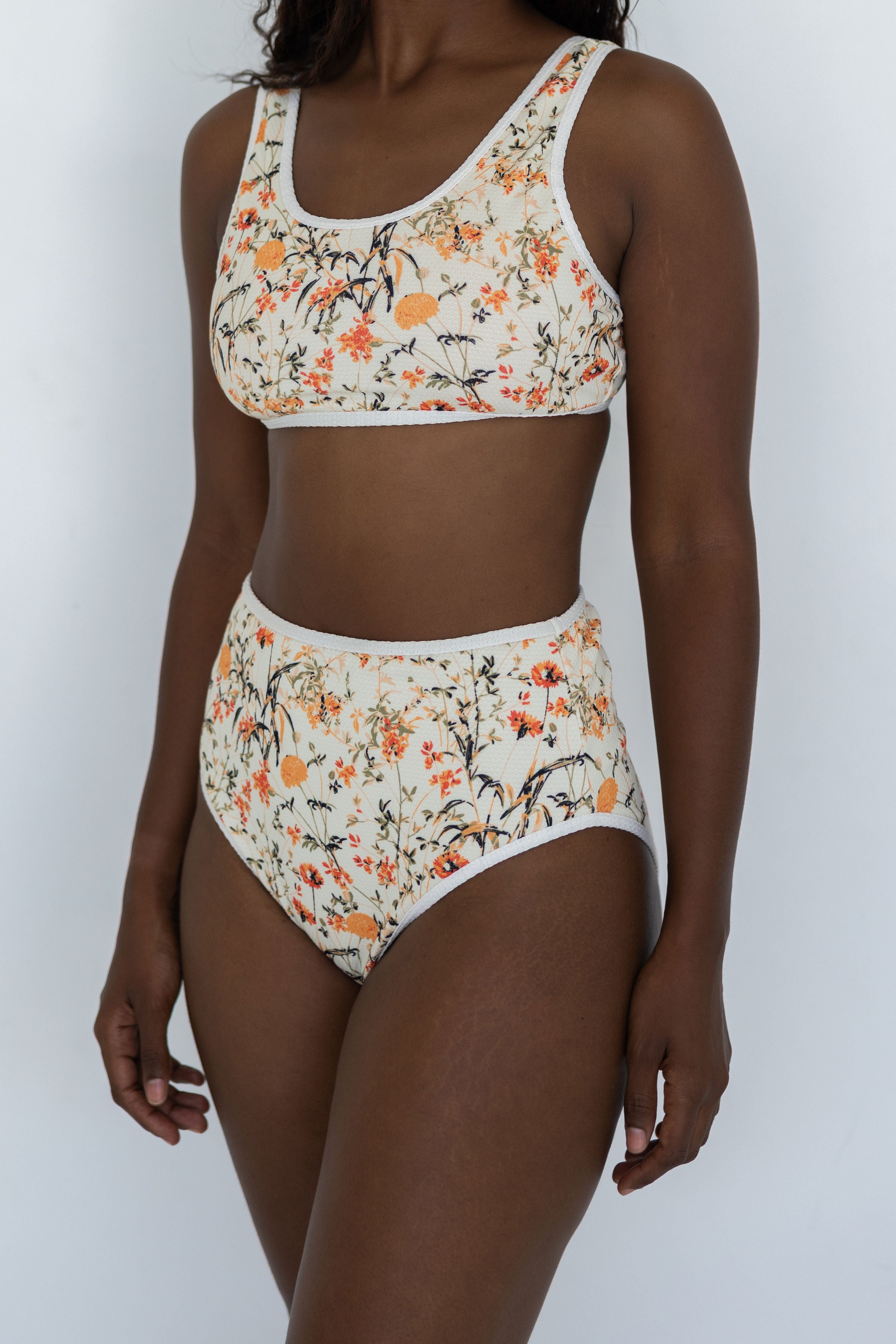Costa High Waisted Bottoms | Neutral Wildflower Print Bikini Bottoms