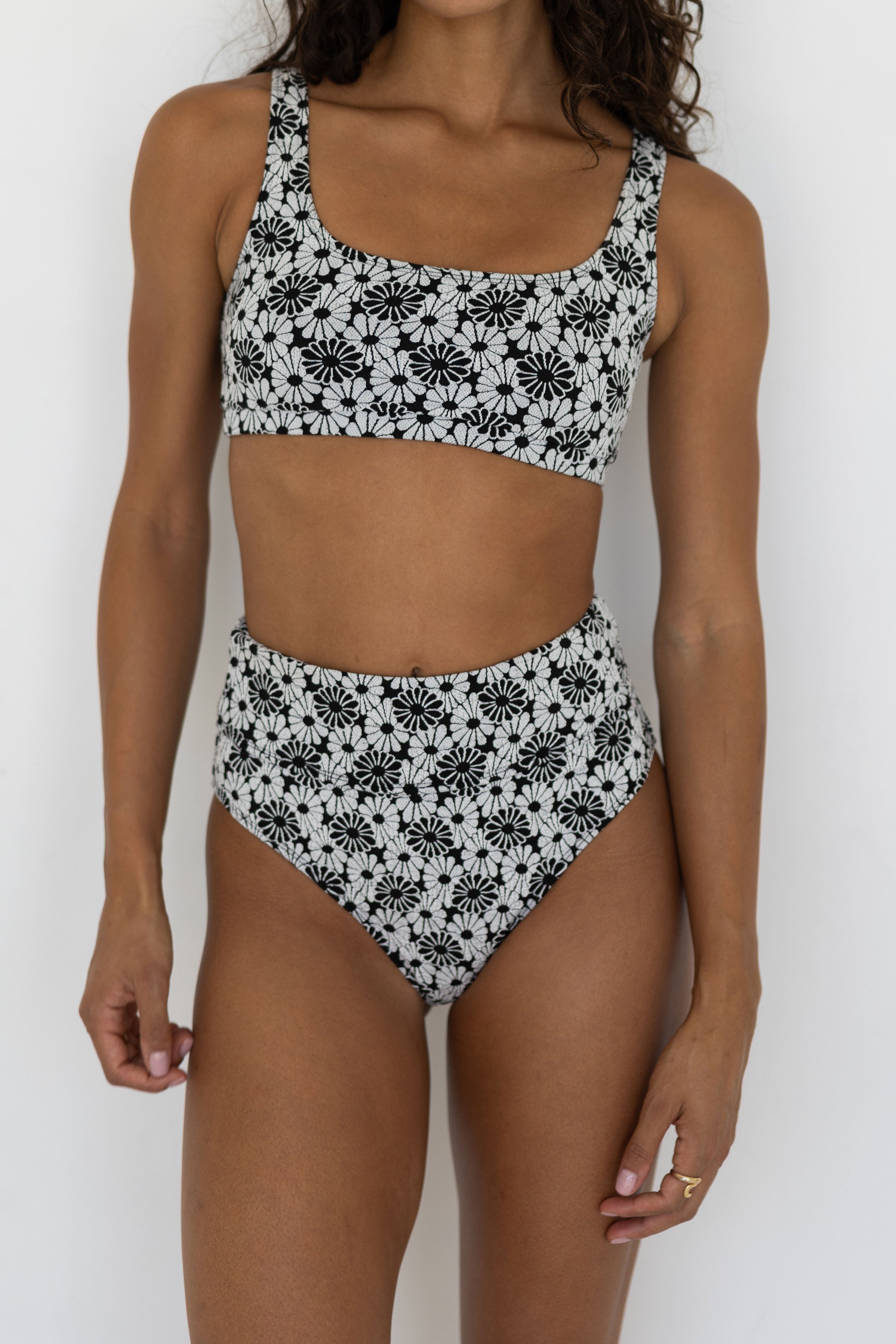 Daisy High Waisted Bottoms | Textured Floral Retro Bikini Bottoms