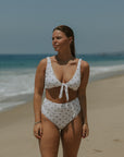 Eleanor High Waisted Bottoms | Polka Dot Full Coverage Swim Bottoms