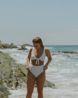 Eleanor High Waisted Bottoms | Polka Dot Full Coverage Swim Bottoms