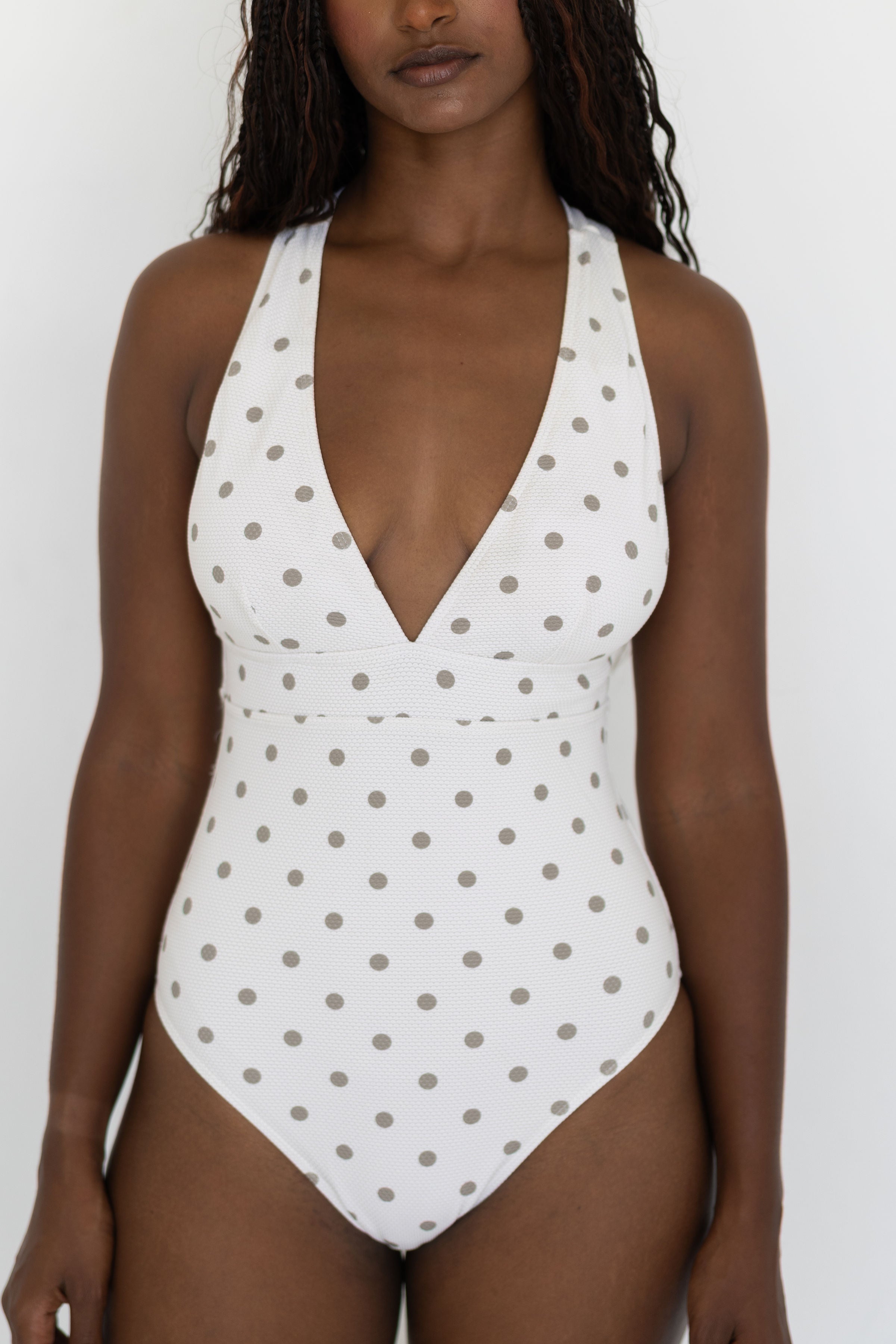 Eleanor One Piece Swimsuit | Polka Dot V-Neck Modest One Piece Swimsuit