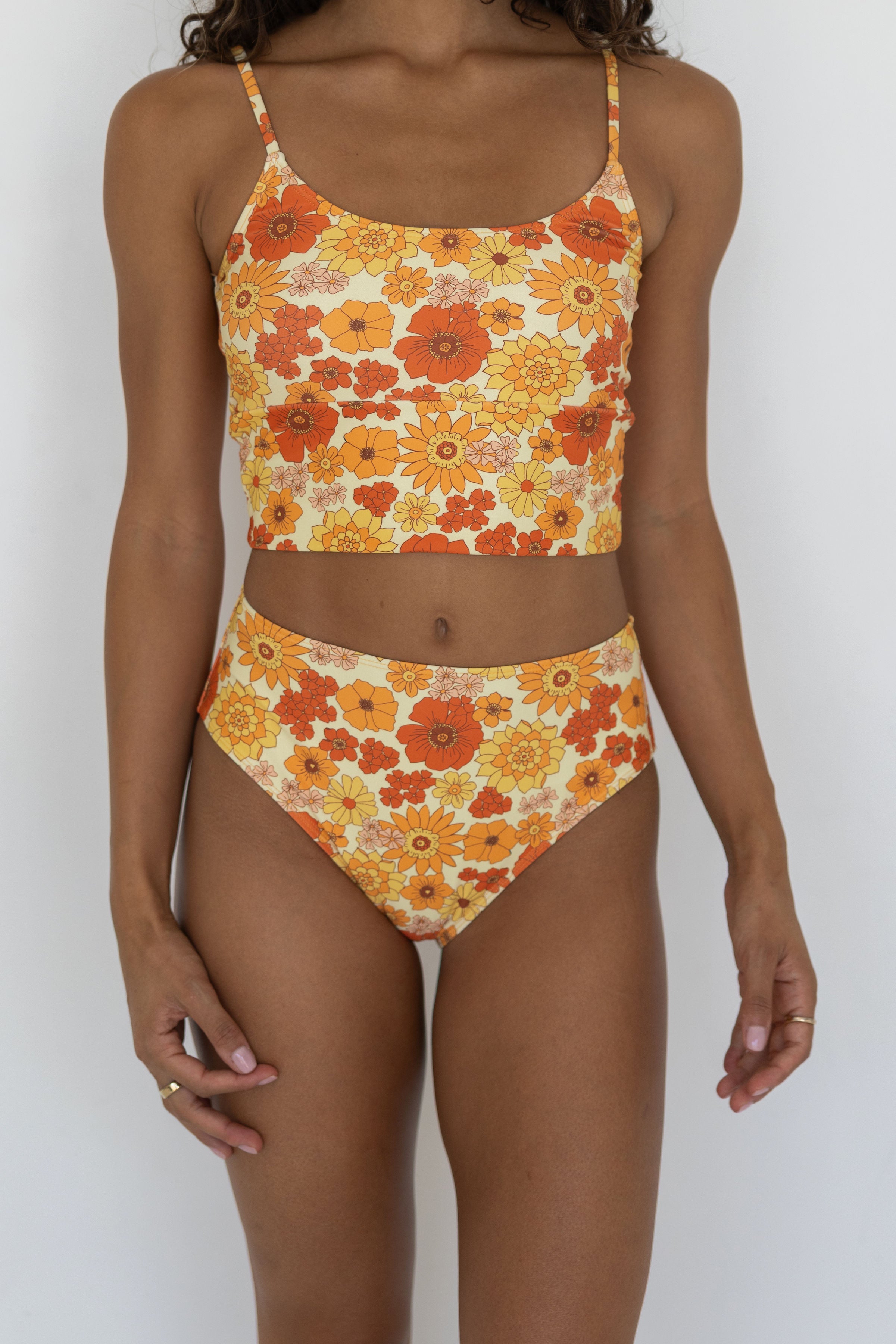 Flora High Waisted Bottoms | Orange Retro Floral Swim Bottoms
