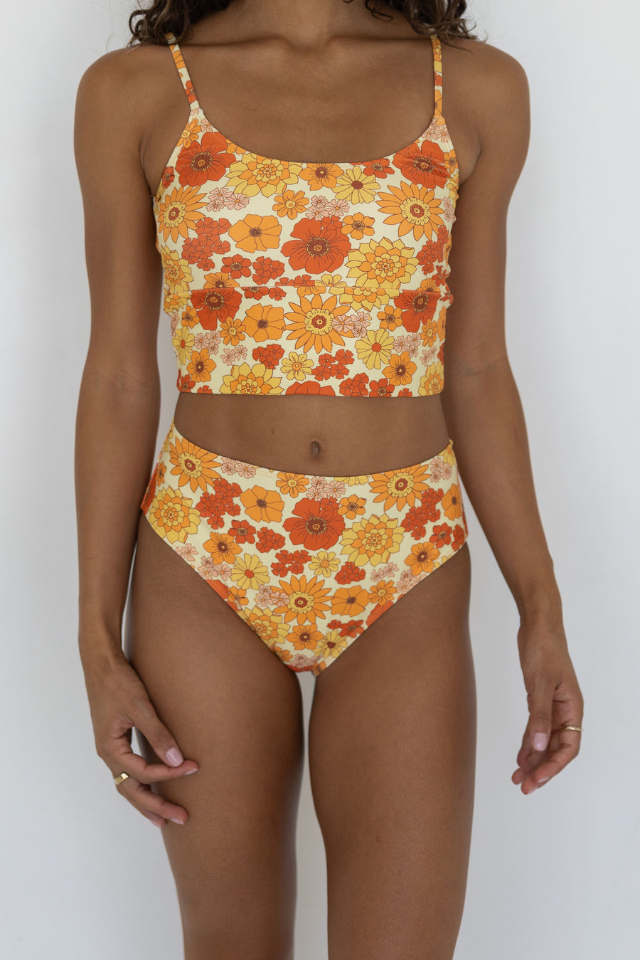 Retro Floral Yellow High Waisted Swim Bottoms | Geode Swimwear