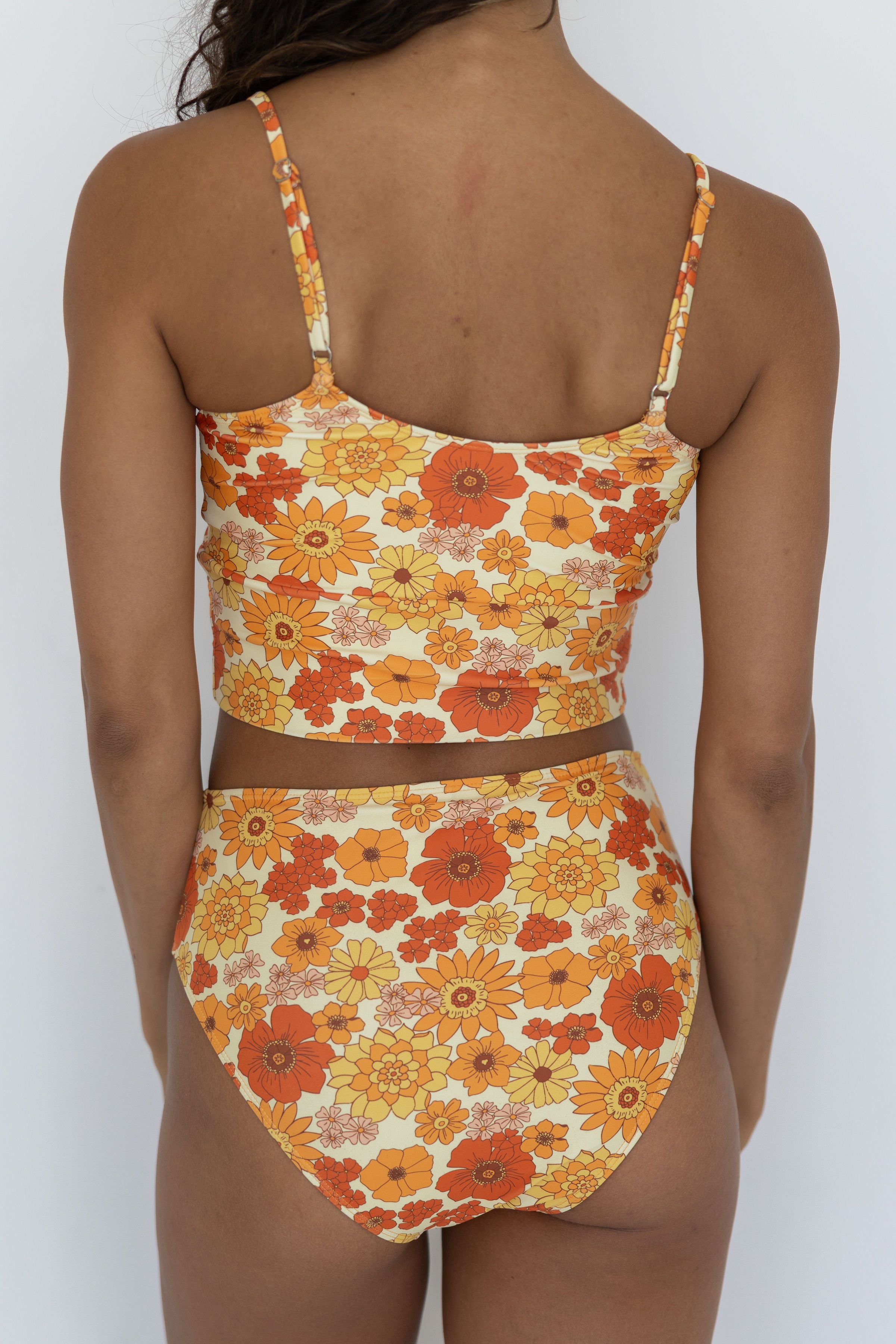 Flora High Waisted Bottoms | Orange Retro Floral Swim Bottoms