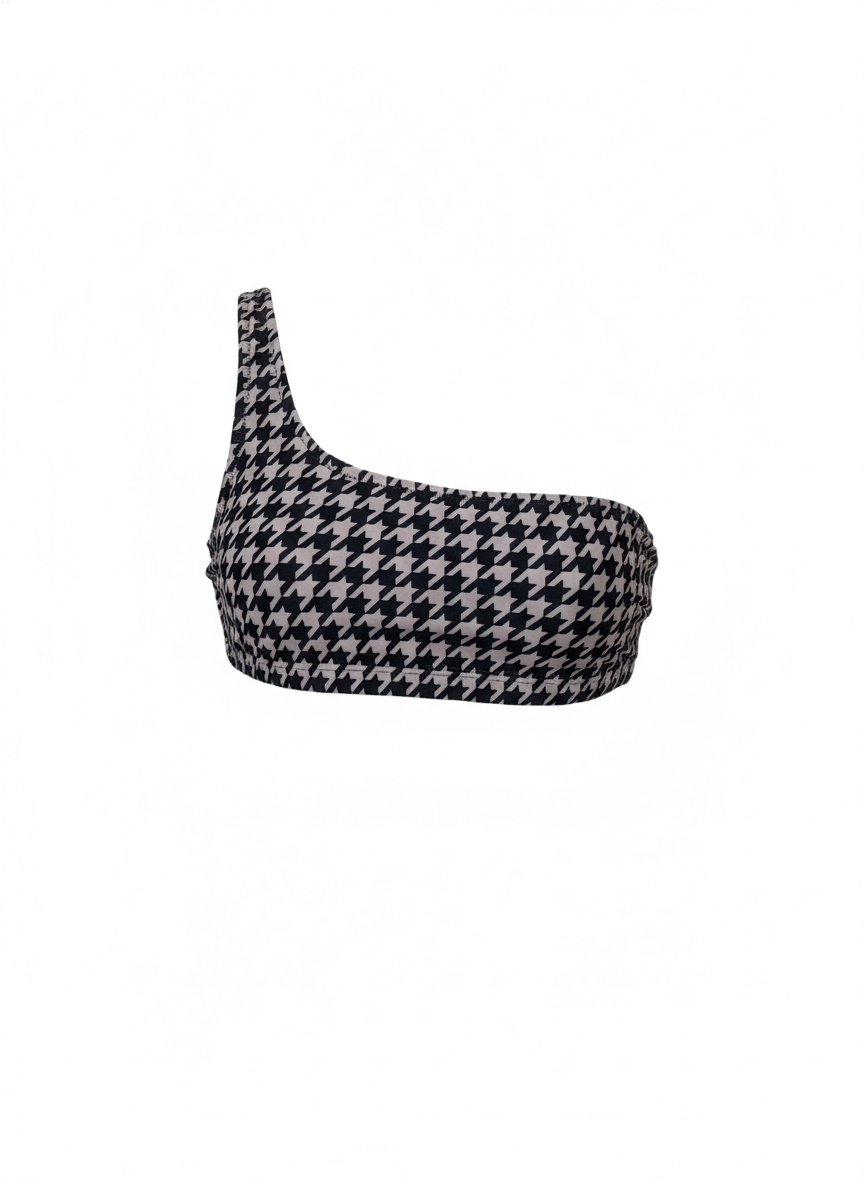 Bristol Bikini Top | Black & Cream Houndstooth Straight Neck Bikini Top