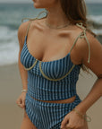 Harbor Tankini Top | Blue Green Retro Striped Underwire Modest Tankini Top