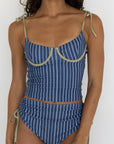 Harbor Tankini Top | Blue Green Retro Striped Underwire Modest Tankini Top