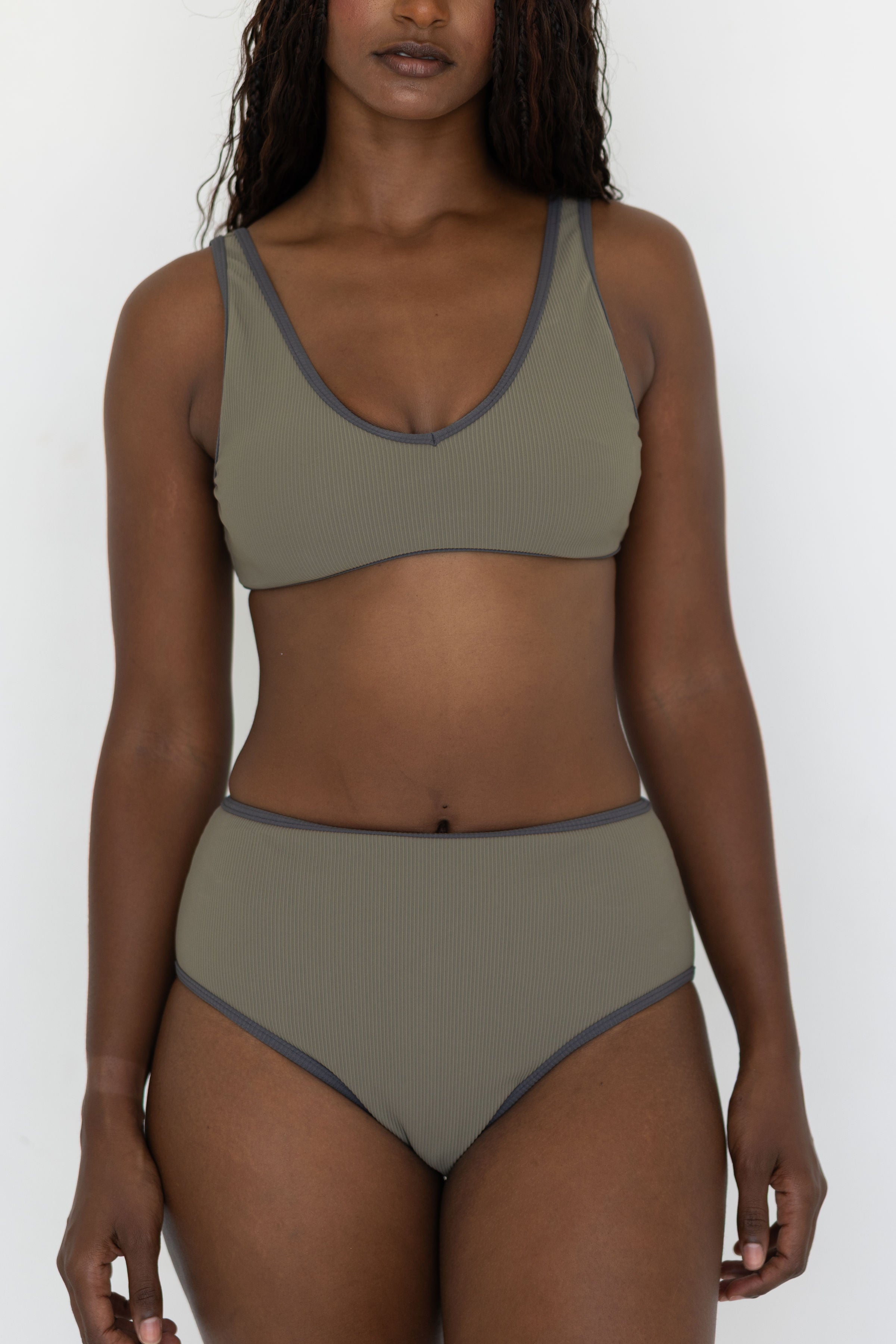 Haze Bikini Top | Ribbed Olive Green V Neck Swim Top