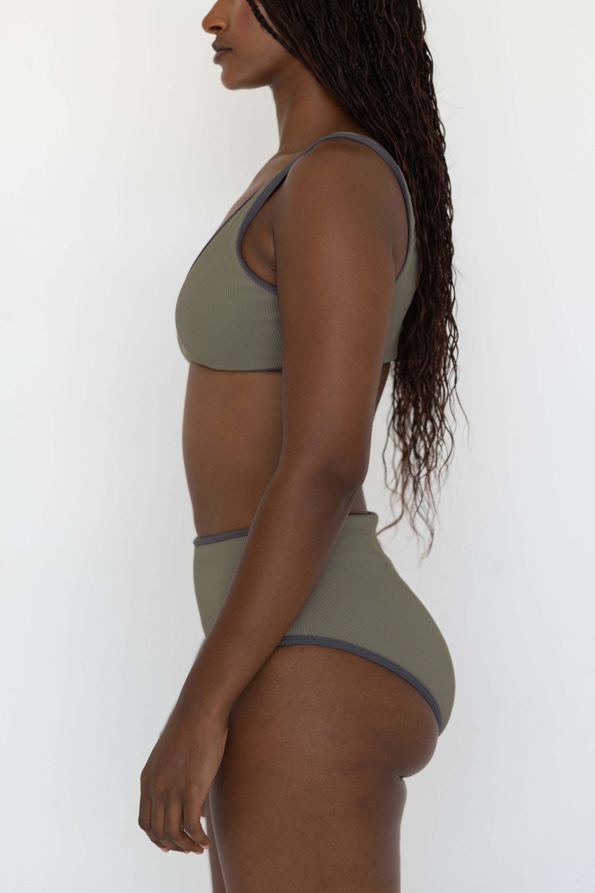 Haze High Waisted Bottoms | Ribbed Olive Green Bikini Bottoms