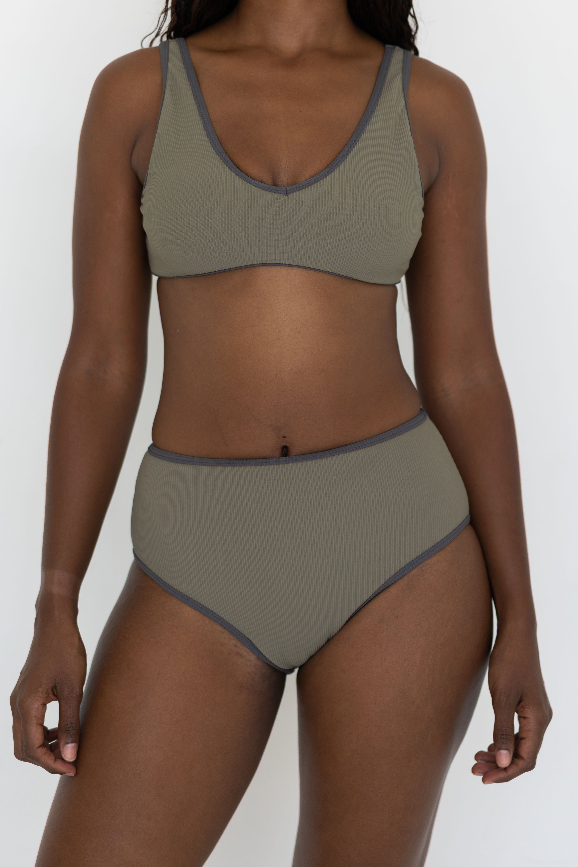 Haze High Waisted Bottoms | Ribbed Olive Green Bikini Bottoms