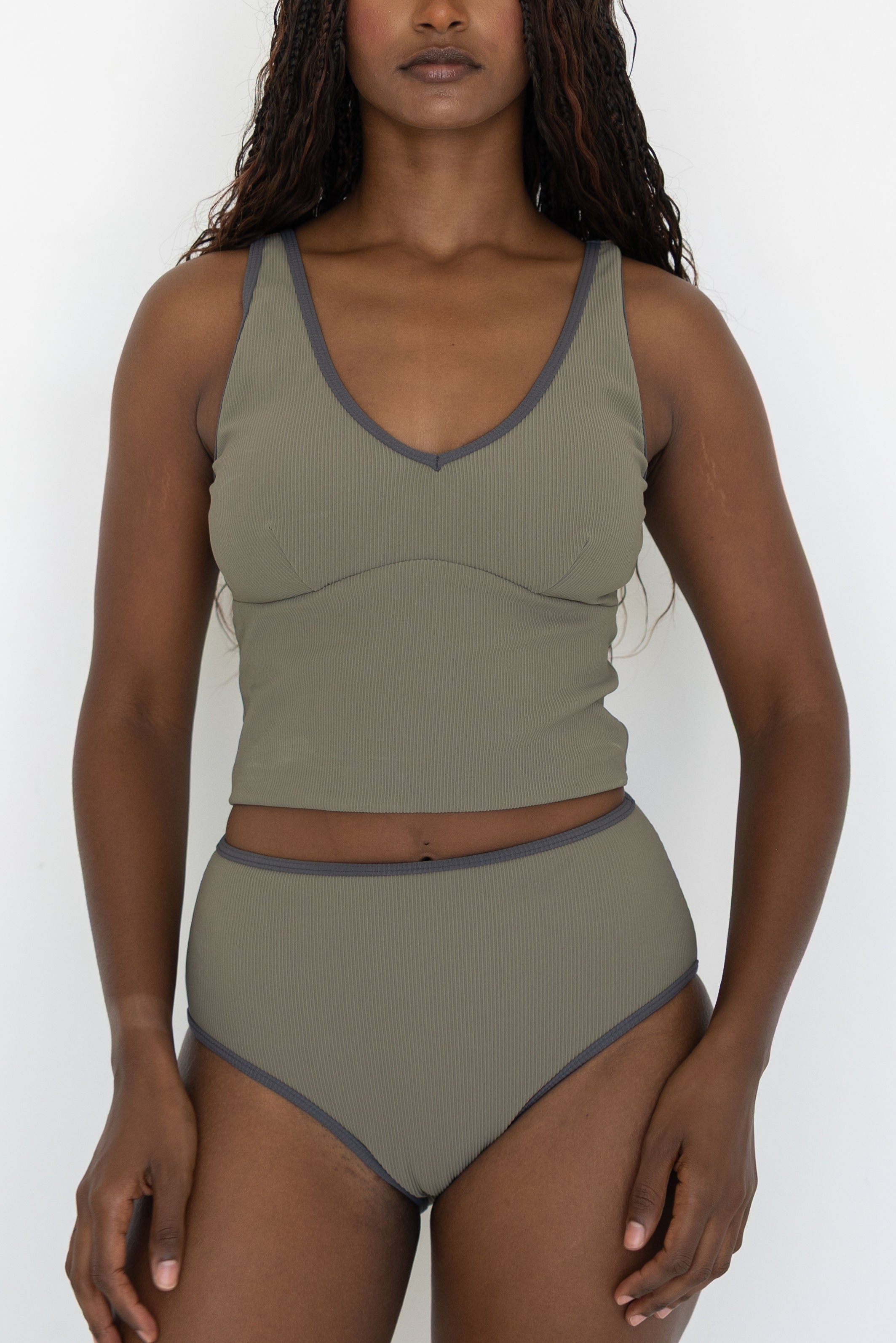 Haze Top | Ribbed Olive Green V Neck Modest Swim Top