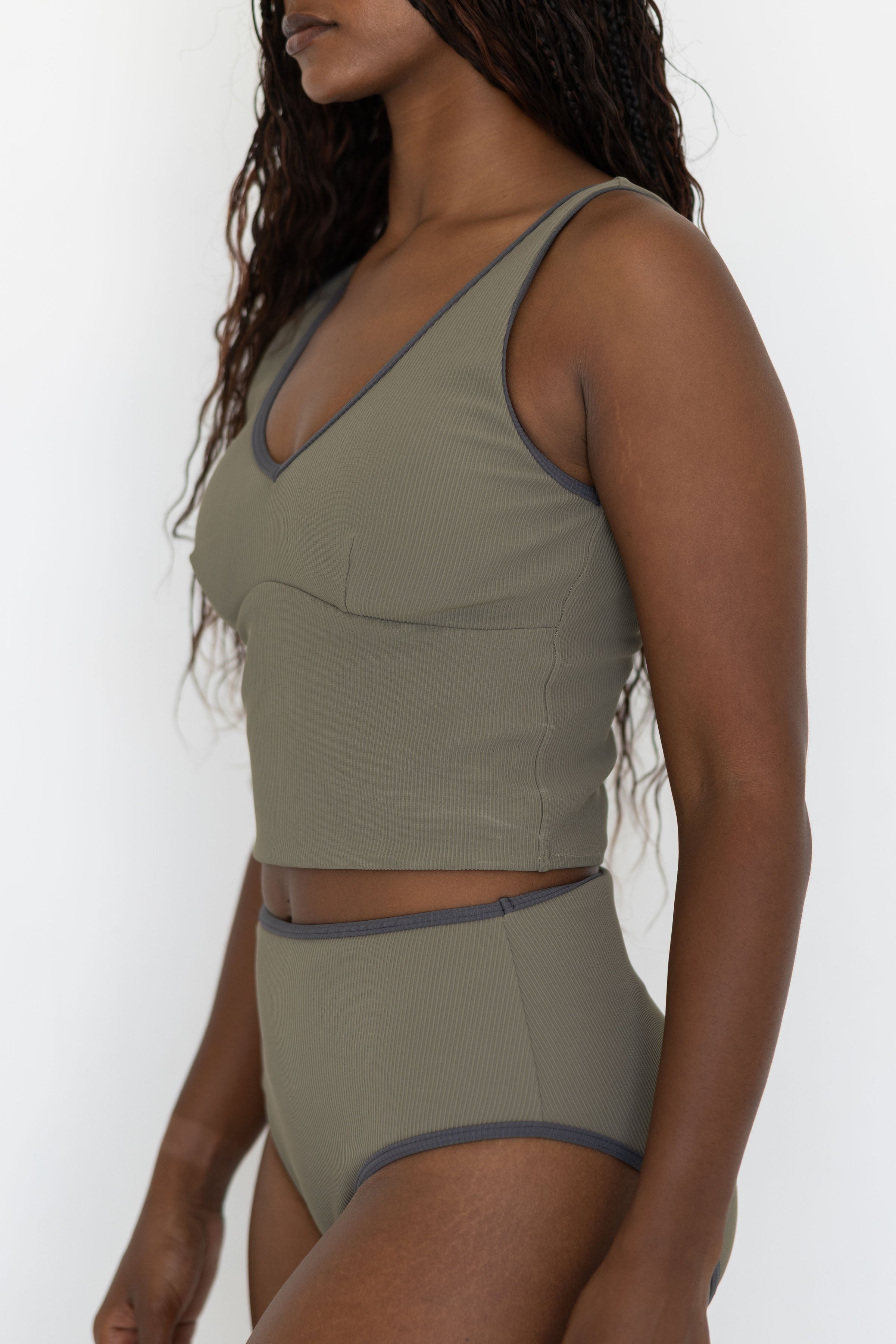 Haze Top | Ribbed Olive Green V Neck Modest Swim Top