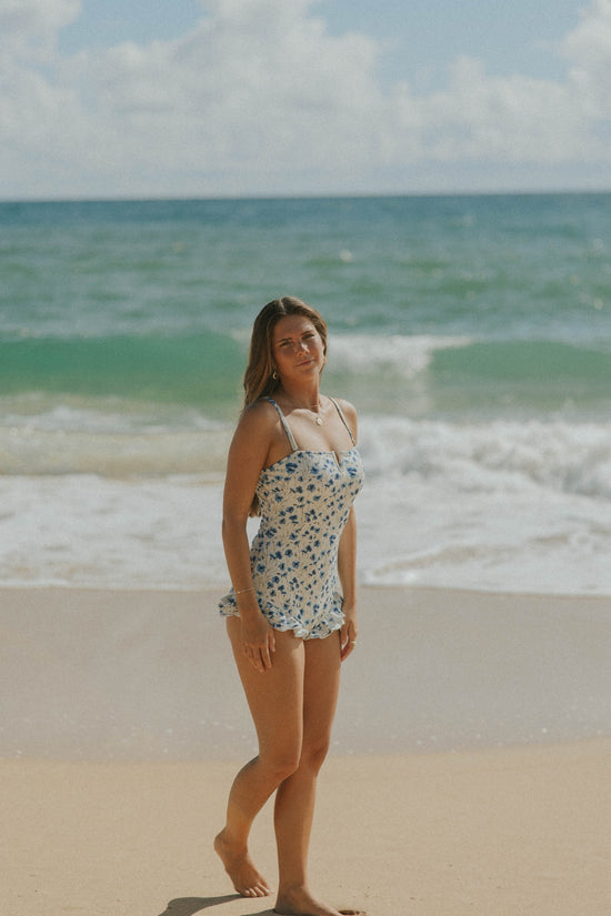 One Shoulder White Blue Floral Swimsuit with Beach Skirt