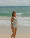 Adjustable Straps on white and blue floral trendy notch neckline one piece swimsuit