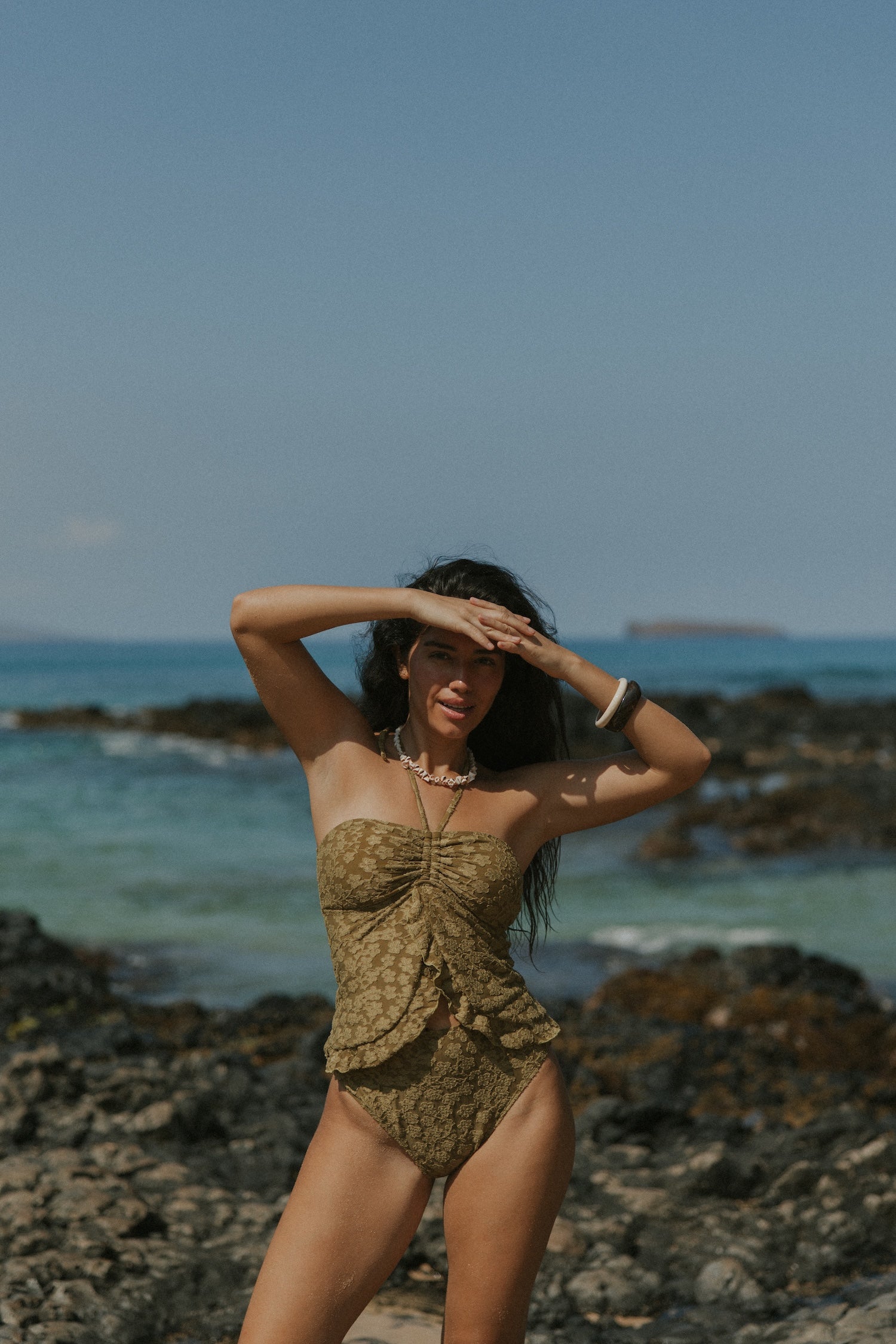 Full Coverage olive green floral halter top modest bikini