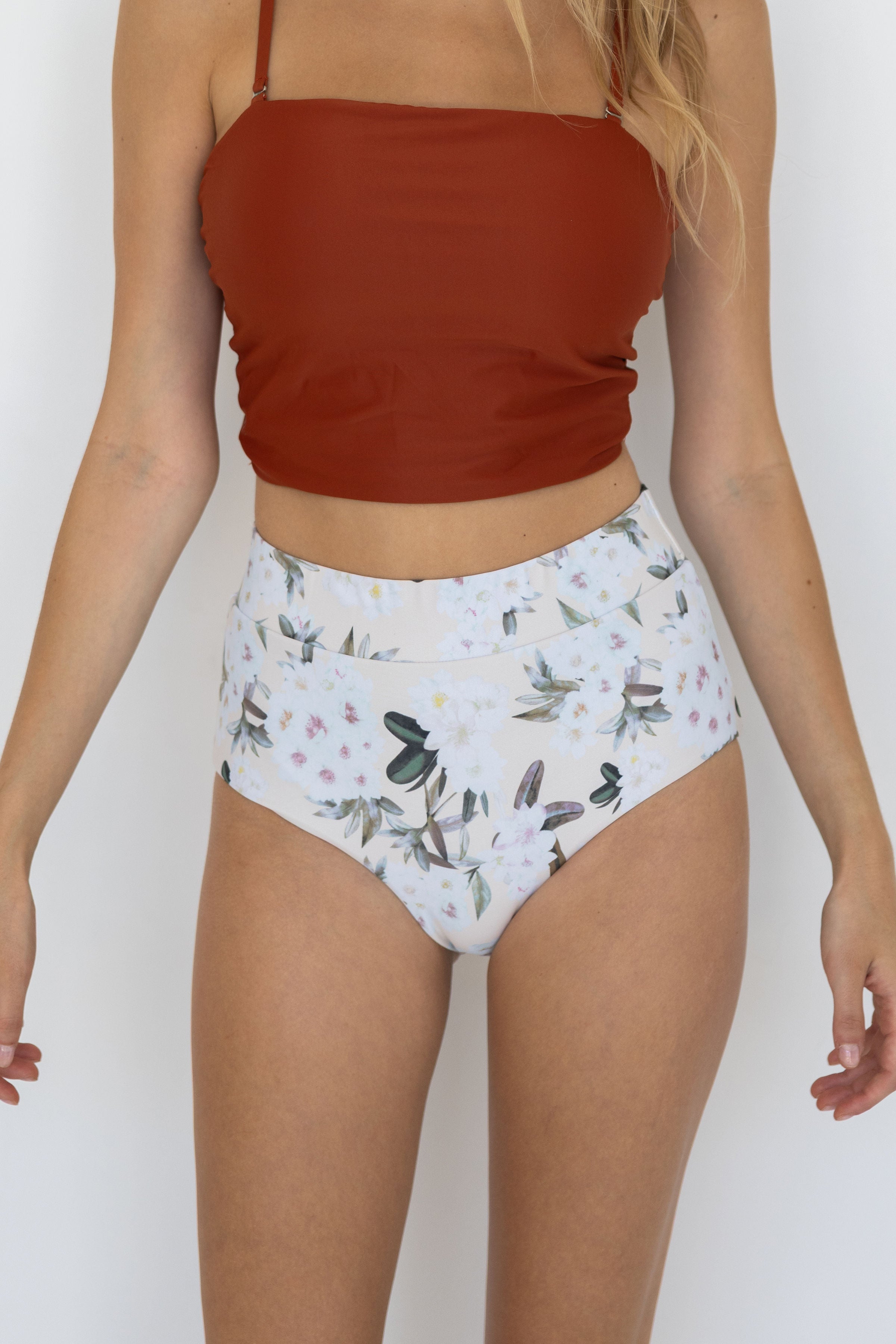 Jasmine High Waisted Bottoms | White Floral Bikini Bottoms