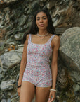June Bodysuit | Floral Square Neck Swim Bodysuit with Shorts
