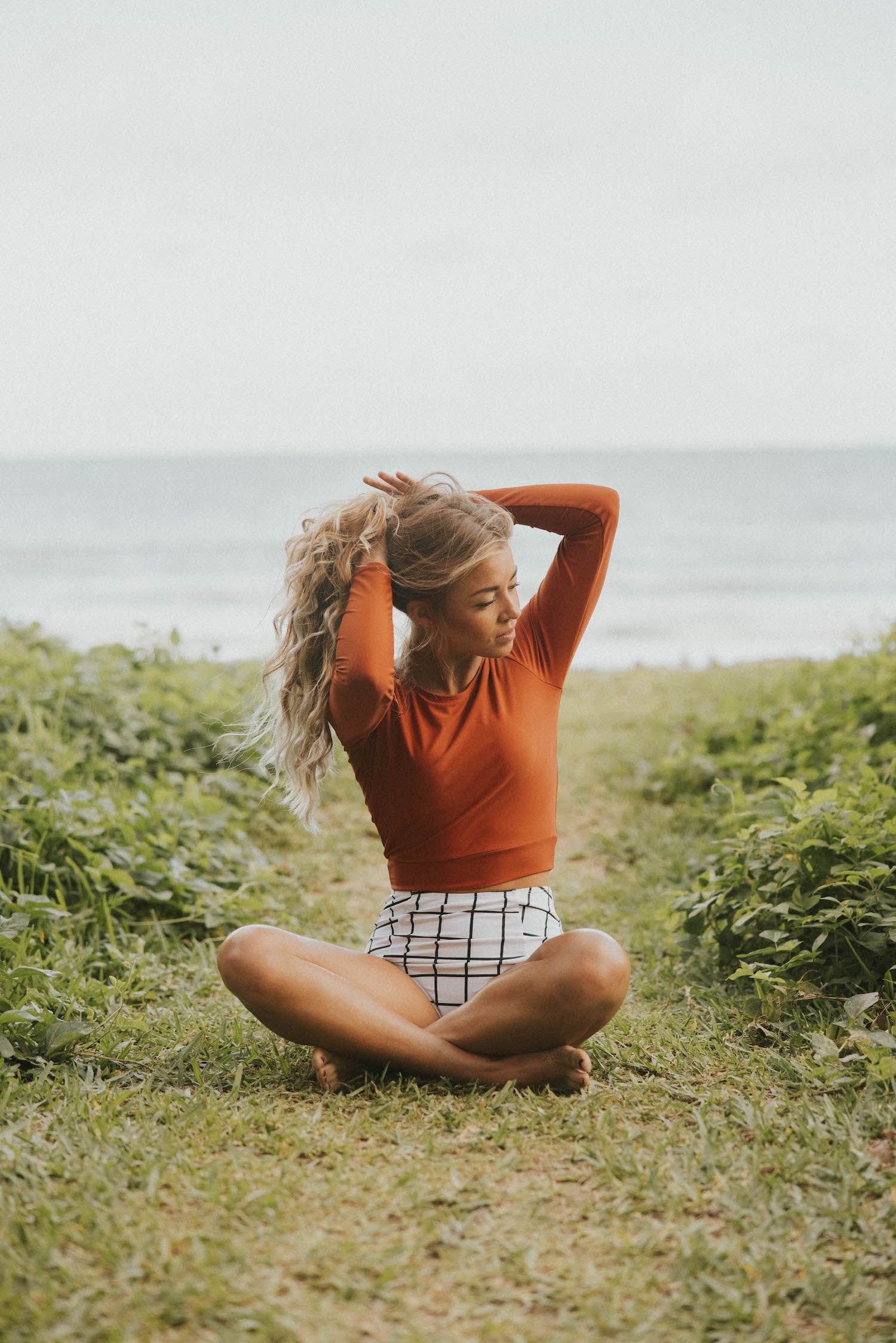 Surfing cute full coverage long sleeved rust orange bikini set